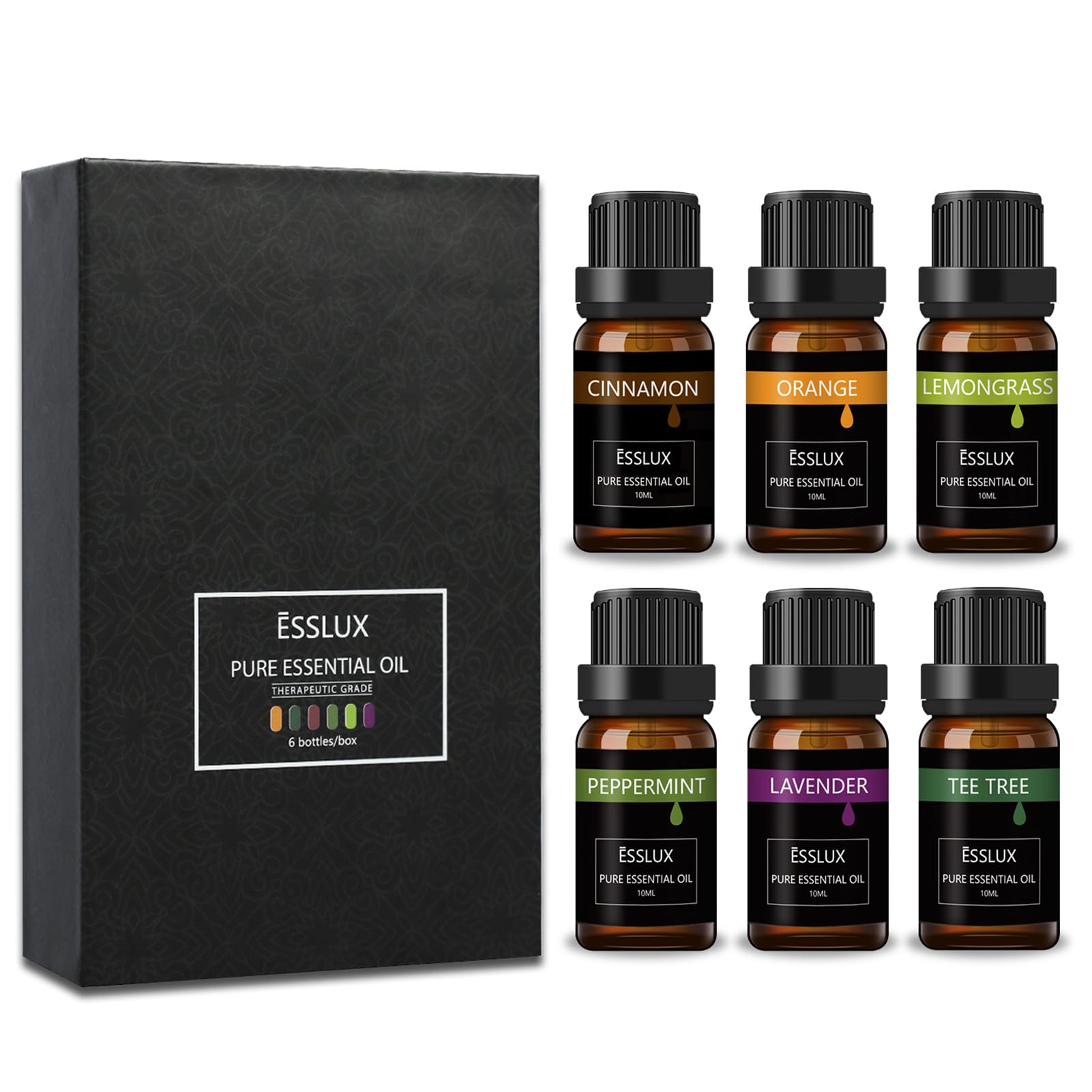 Essential Oils Set ESSLUX Top 6 Aromatherapy Oils for Diffuser Massage Soap Candle Making Scents Pure and Natural Essential Oils Kit - Lavender Tea Tree Orange Cinnamon Lemongrass Peppermint